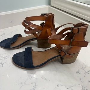 Denim and brown leather heeled sandal